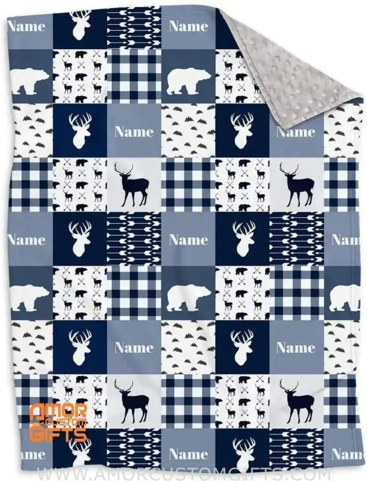 Blankets Personalized Woodland Deer Blanket | Custom Name Navy Patchwork Kids Blanket Woodland Nursery Theme