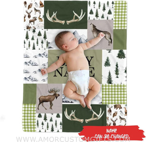 Blankets USA MADE Personalized Woodland Nursery Blanket, Baby Boy Woodland Blanket,Deer Baby Blankets for Boys,Woodland Theme Blanket,