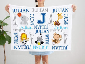 Blankets USA MADE Safari Animals Sports Baby Name Blanket Personalized Monogram Baby Blanket Elephant Lion Monkey Giraffe Blanket Baby Future All Star