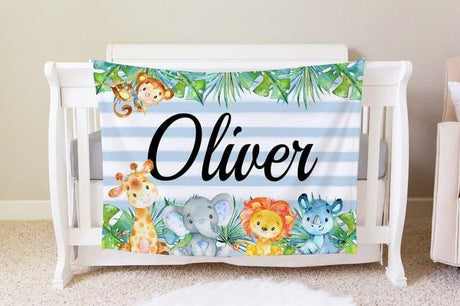 Blankets USA MADE Safari Blanket, Personalized Baby Blanket Gift, Toddler Blanket, Jungle Decor, Toddler Birthday Gift, Elephant Giraffe