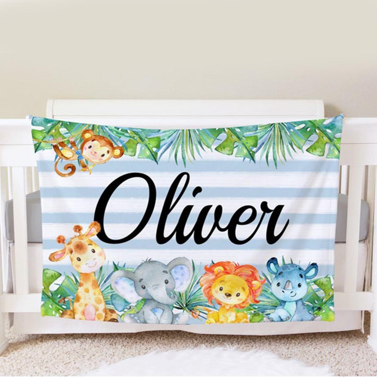 Blankets USA MADE Safari Blanket, Personalized Baby Blanket Gift, Toddler Blanket, Jungle Decor, Toddler Birthday Gift, Elephant Giraffe