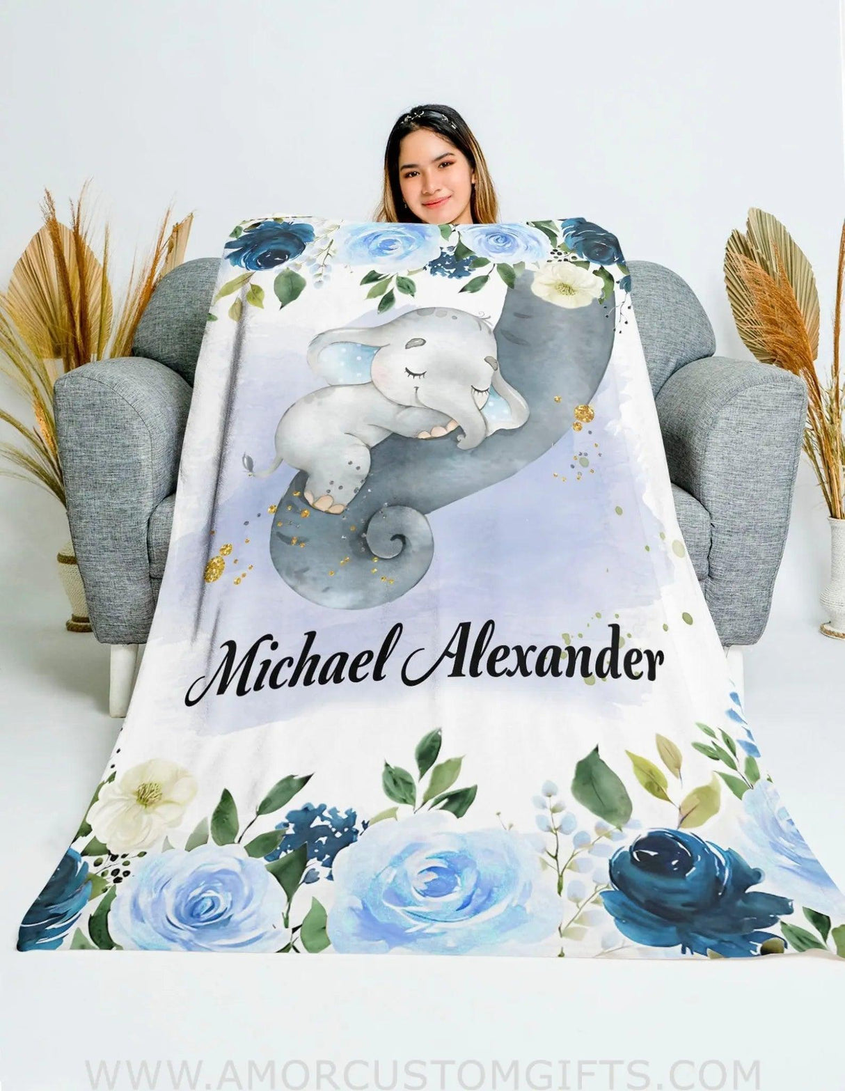 Blankets USA MADE Sleeping Elephant Blue Floral Baby Name Blanket, Newborn Boy Girl Custom Name Gift, Sleeping Elephant Boy Name Blanket