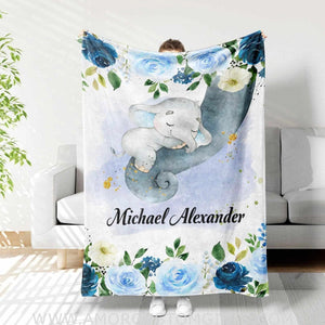 Blankets USA MADE Sleeping Elephant Blue Floral Baby Name Blanket, Newborn Boy Girl Custom Name Gift, Sleeping Elephant Boy Name Blanket