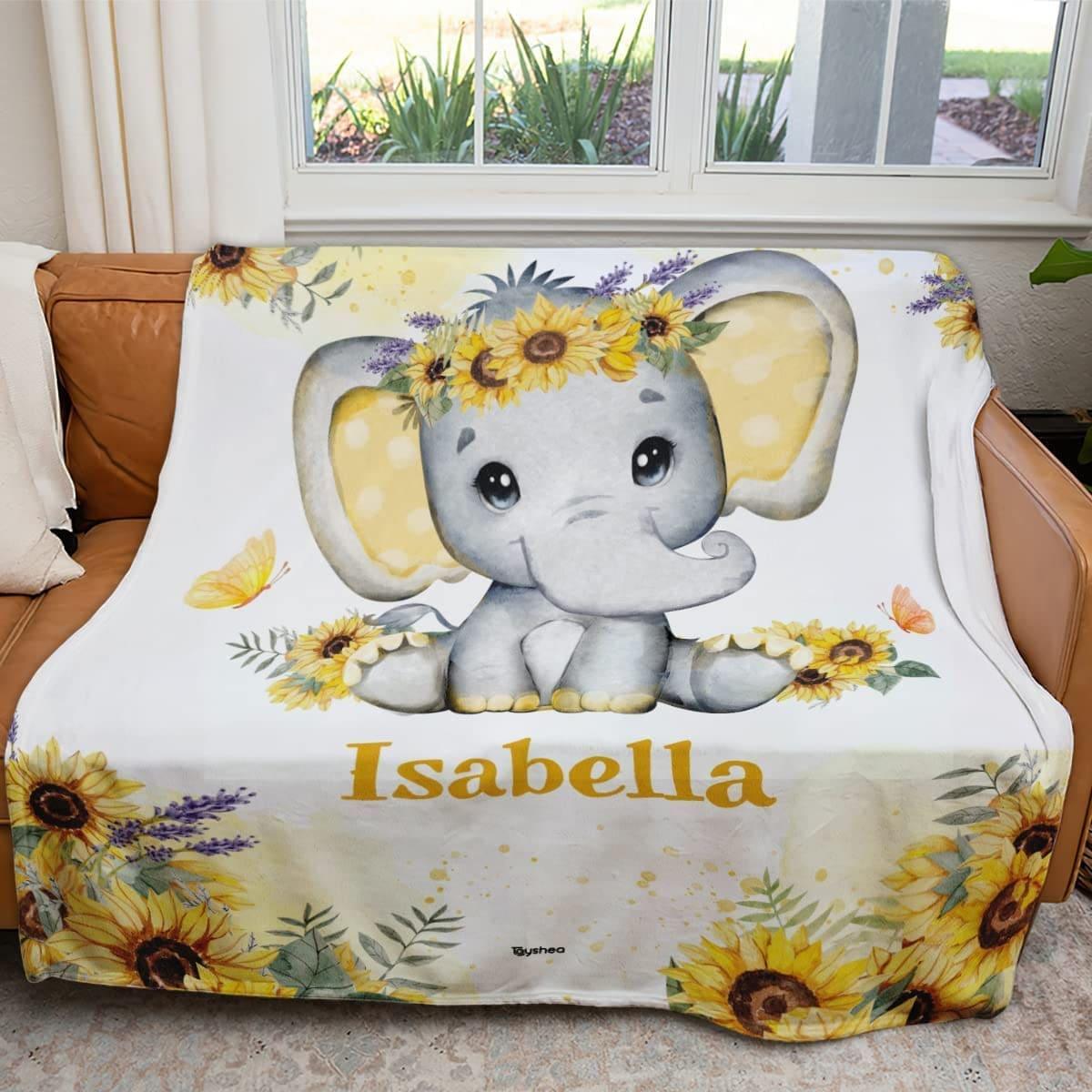 Blankets Sunflower Elephant Blanket, Sherpa Throw Fleece Blankets, Personalized Elephant Blanket for Newborn Baby Kids Girls Boys