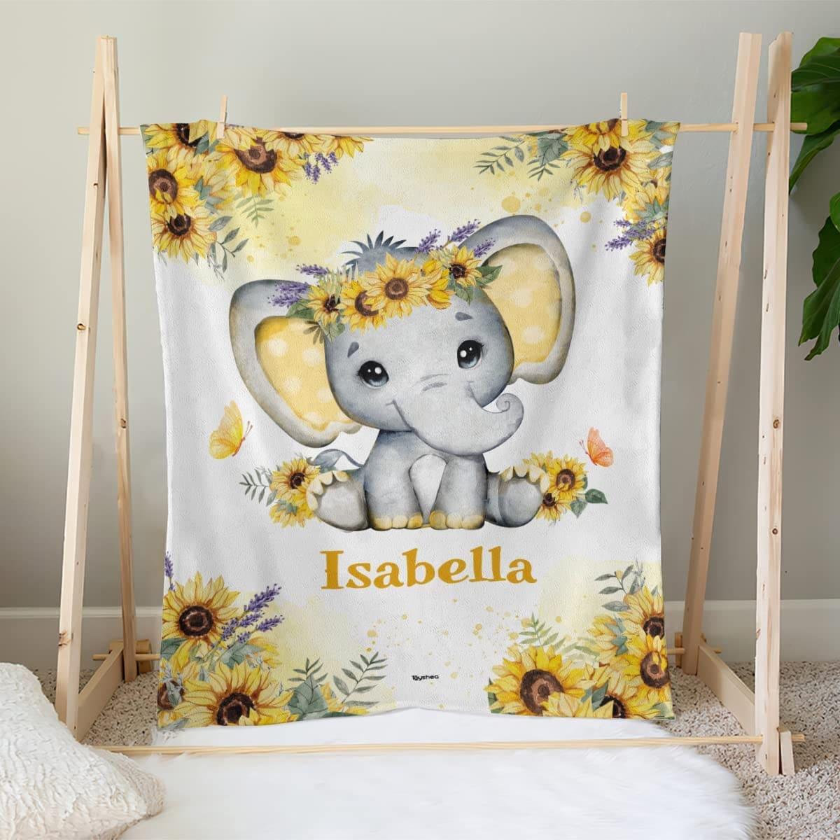 Blankets Sunflower Elephant Blanket, Sherpa Throw Fleece Blankets, Personalized Elephant Blanket for Newborn Baby Kids Girls Boys