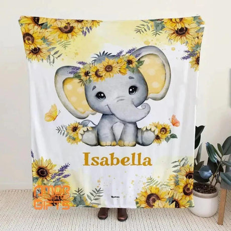 Blankets Sunflower Elephant Blanket, Sherpa Throw Fleece Blankets, Personalized Elephant Blanket for Newborn Baby Kids Girls Boys