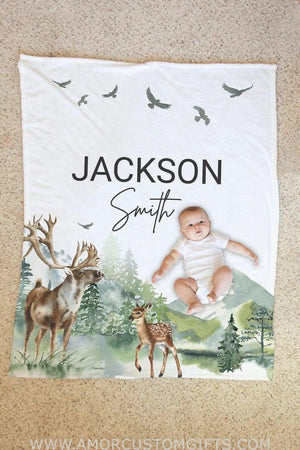 Blankets Woodland Animal Baby Blanket, Personalized Forest Bedding, Deer Baby Blanket With Name, Neutral Baby Gender Blanket