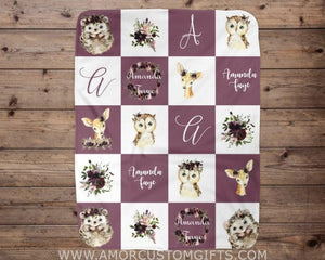 Blankets USA MADE Woodland Animal Personalized Baby Blanket, Baby Blanket, Name Baby Blanket, Girl Baby Gift, Floral, Gift for Girl, Blanket Girl