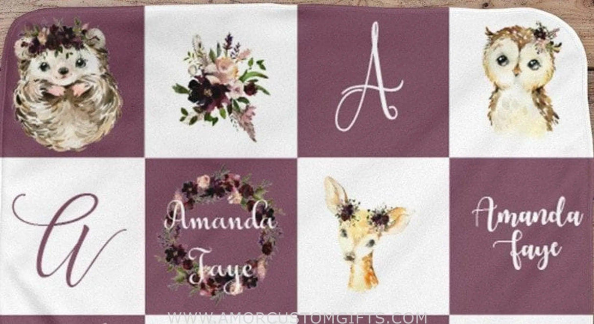 Blankets Woodland Animal Personalized Baby Blanket, Baby Blanket, Name Baby Blanket, Girl Baby Gift, Floral, Gift for Girl, Blanket Girl