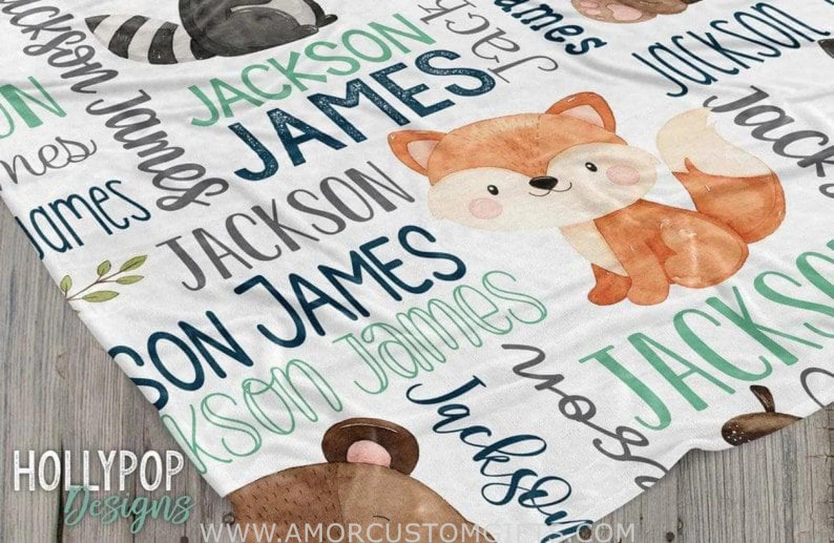 Blankets Woodland Animals Baby Name Blanket, Newborn Boy Custom Name Gift, Boy Name Blanket, Fox Bear Raccoon, Baby Swaddle