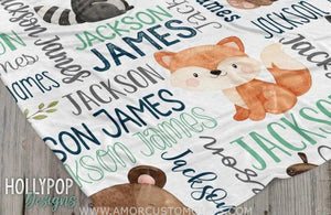 Blankets Woodland Animals Baby Name Blanket, Newborn Boy Custom Name Gift, Boy Name Blanket, Fox Bear Raccoon, Baby Swaddle