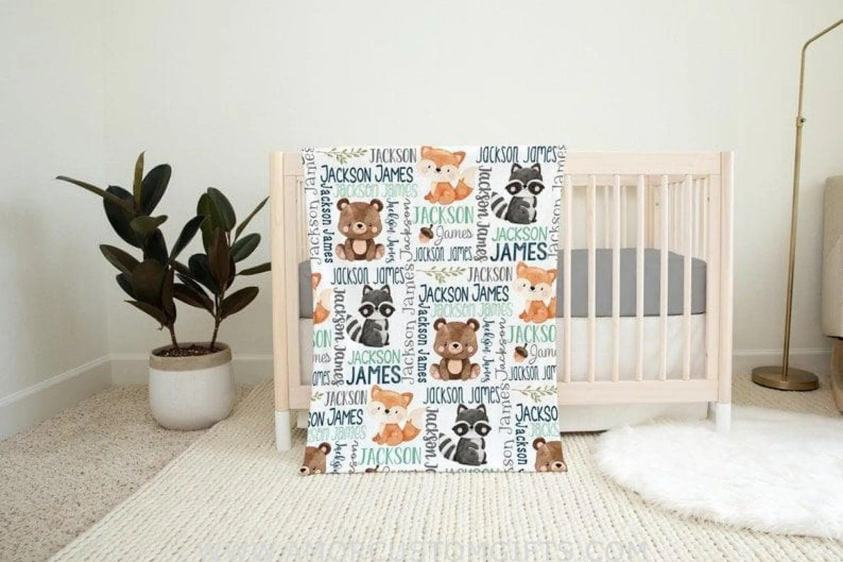 Blankets Woodland Animals Baby Name Blanket, Newborn Boy Custom Name Gift, Boy Name Blanket, Fox Bear Raccoon, Baby Swaddle