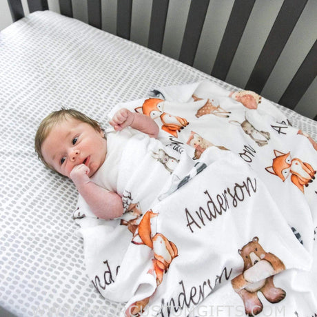 Blankets Woodland Baby Blanket Personalized Boy Name Blanket Woodland Animals Baby Shower Gift Nursery rib Bedding Fox Bear Owl Raccoon