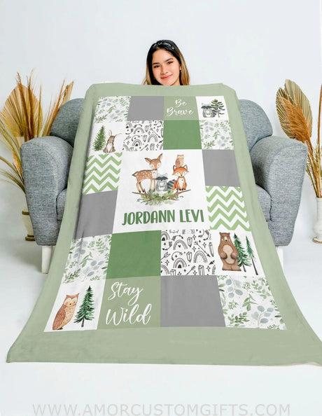 Blankets Woodland Be Brave Baby Name Blanket, Newborn Boy Girl Custom Name Gift, Woodland Be Brave Green Patchwork Boy Name Blanket