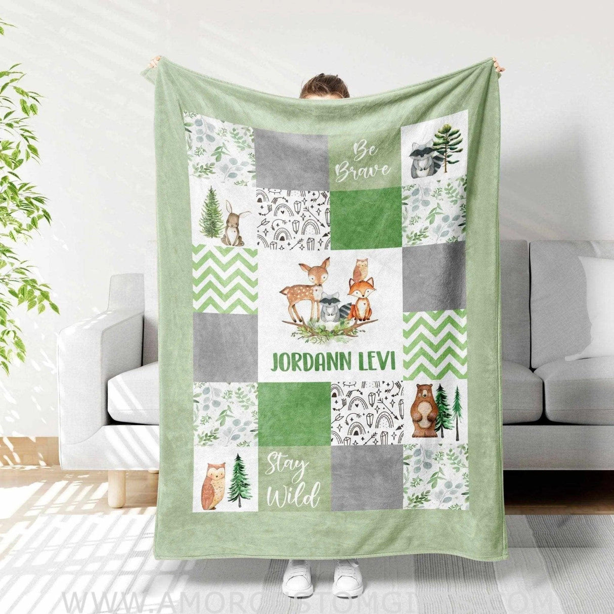 Blankets Woodland Be Brave Baby Name Blanket, Newborn Boy Girl Custom Name Gift, Woodland Be Brave Green Patchwork Boy Name Blanket