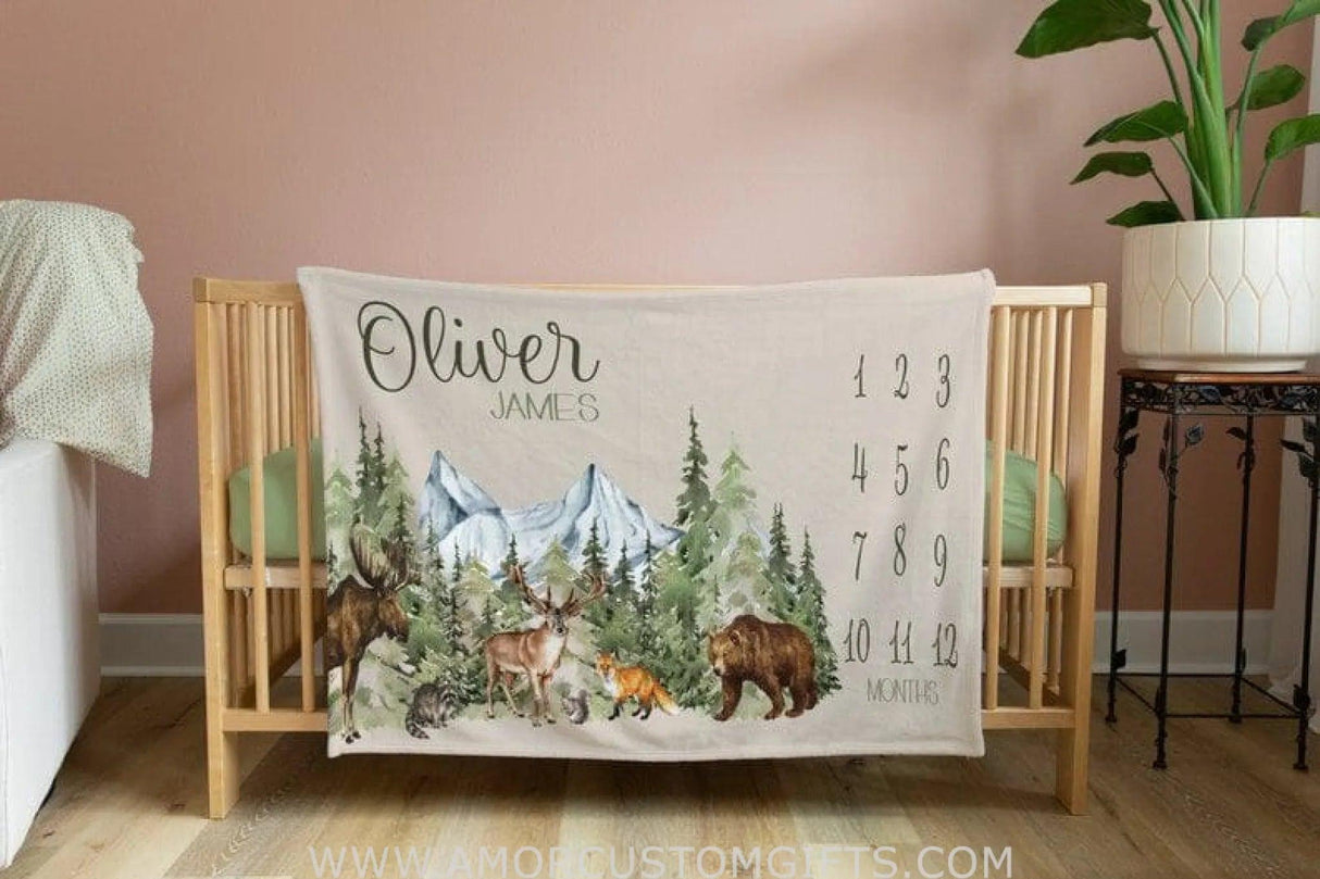 Blankets Woodland Creature Milestone Blanket Personalized, Custom Milestone, Boy Milestone Blanket, Monthly Blanket