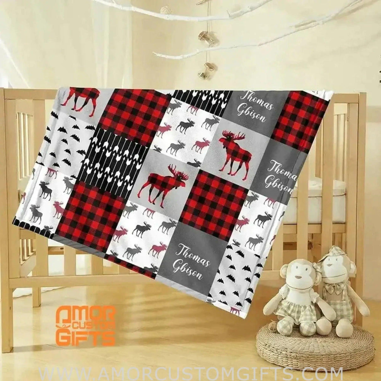 Blankets Woodland Deer Adventure Personalized Baby Blanket, Red Buffalo Plaid Swadding Blanket