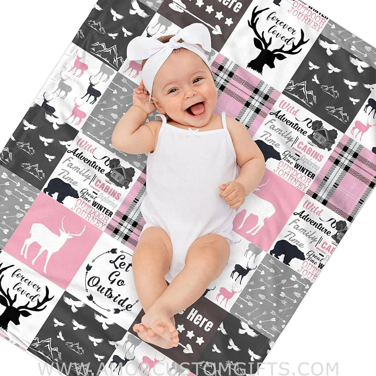 Blankets Woodland Deer Pink Minky Baby Blanket, Custom Moose and Bear Swadding Blankets for Baby Girls Kids