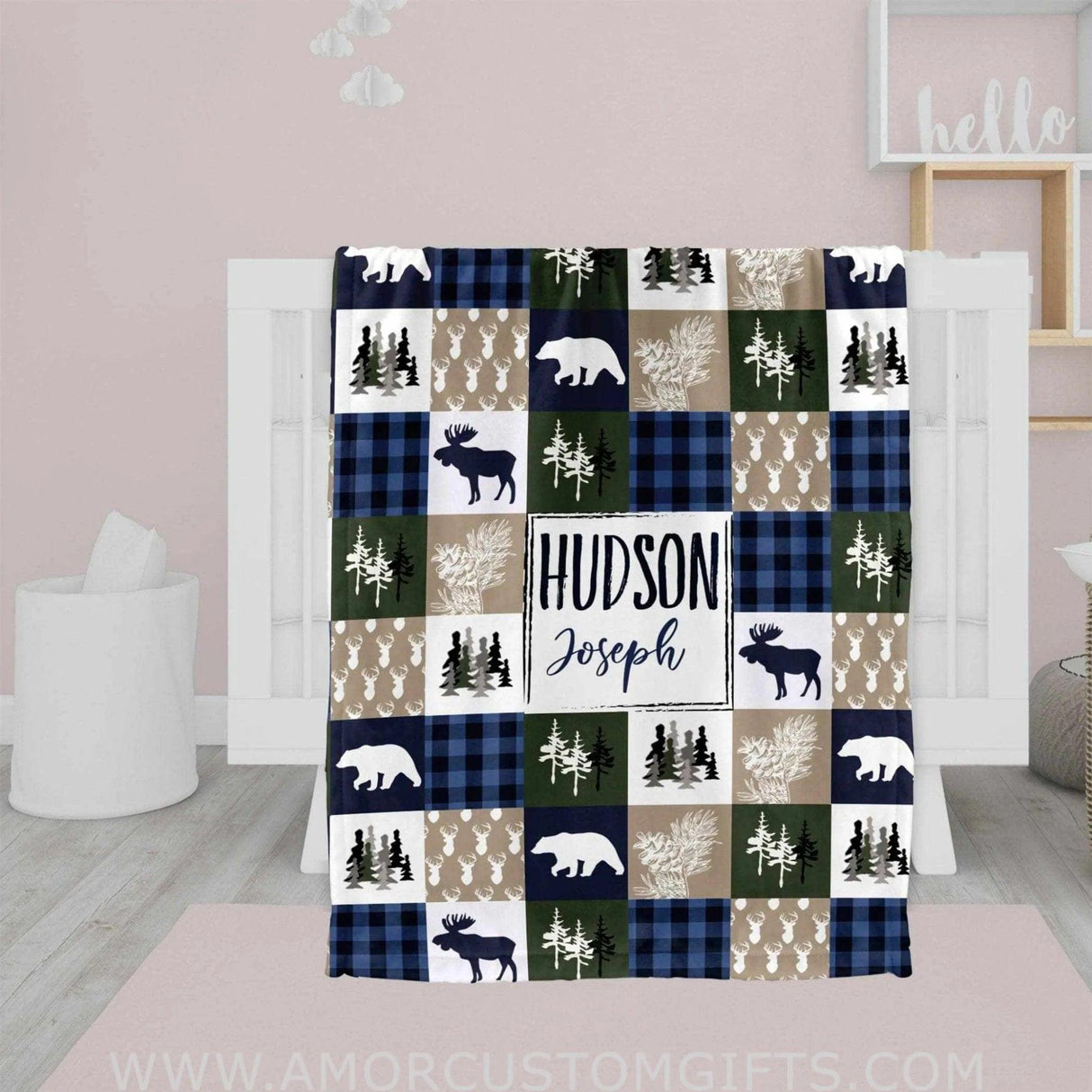 Blankets Woodland Evergreen Bear Baby Name Blanket, Newborn Boy Custom Name Gift, Boy Name Blanket