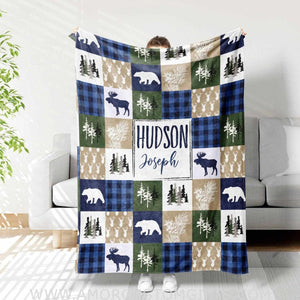 Blankets Woodland Evergreen Bear Baby Name Blanket, Newborn Boy Custom Name Gift, Boy Name Blanket