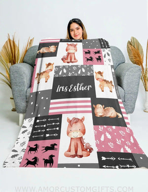 Blankets Woodland Horse Baby Name Blanket, Newborn Boy Girl Custom Name Gift, Pink Gray Boy Girl Name Blanket