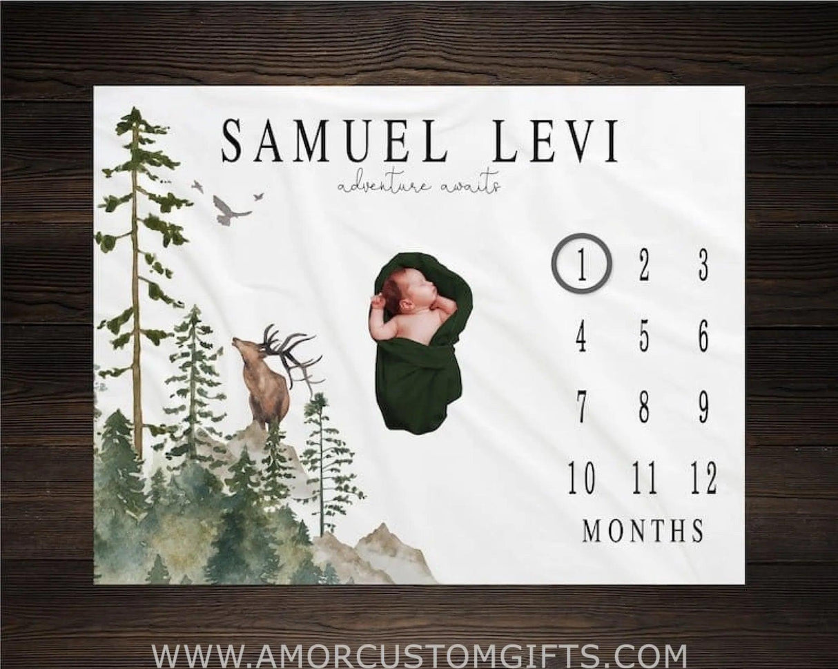 Blankets USA MADE Woodland Milestone Blanket, Monthly Growth Tracker, Personalized Baby Blanket, Custom Blanket Baby Boy